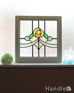 アンティーク雑貨 ステンドグラス アンティーク 淡いオレンジ×イエローの薔薇が大人の雰囲気を醸し出すアンティークのステンドグラス