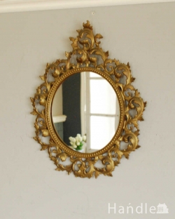 アンティーク雑貨 アンティークミラー・鏡 ゴージャスなゴールドのフレームが美しい、アンティークミラー