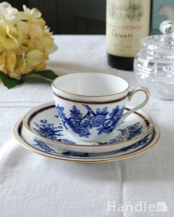 アンティーク雑貨 アンティーク食器 藍色の花卉文が落ち着いた華やかさ、スポードのアンティークカップ&ソーサートリオ