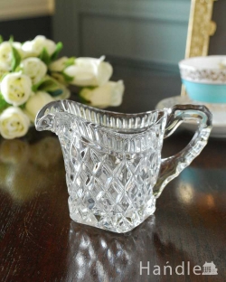 アンティーク雑貨 デカンタ・カラフェ アンティーク ダイヤカットが煌めくアンティークプレスドグラス、ミルクポット