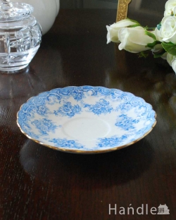 アンティーク雑貨 アンティーク食器 爽やかなブルーがキレイなお花がたっぷりのアンティークのソーサー