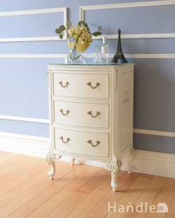 アンティーク家具 アンティークのチェスト フランスのアンティークペイント家具、ホワイト色のサイドチェスト（ガラス天板） 