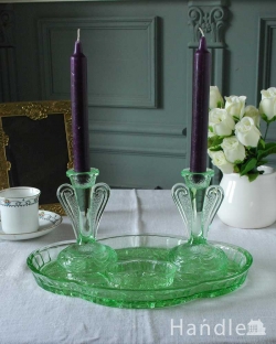 アンティーク雑貨 キャンドルスタンドアンティーク 蝶が舞うグリーンが美しいアンティークプレスドグラスのドレッシングセット