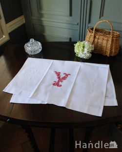 インテリア雑貨 ランチョンマット・クロス フランスのホームリネンの雰囲気が楽しめるモノグラムが入ったゲストタオル「Y」Red