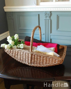 アンティーク雑貨 アンティークバスケット 浅型の持ち手付きアンティークバスケット