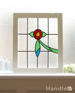 アンティーク雑貨 ステンドグラス アンティーク 真っ赤な薔薇にブルーのガラスがアクセント、イギリスのアンティークステンドグラス 