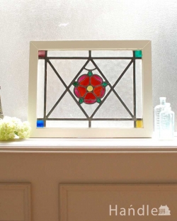 アンティーク雑貨 ステンドグラス アンティーク 英国で見つけたチューダーローズの紋章、赤薔薇のアンティークステンドグラス