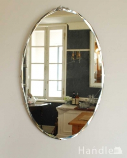 アンティーク雑貨 アンティークミラー・鏡 英国らしいモチーフの付いたイギリス輸入のアンティークカッティングミラー(オーバル)