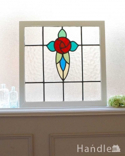 アンティーク雑貨 ステンドグラス アンティーク ブルー色のガラスが爽やかなバラの花のアンティークステンドグラス