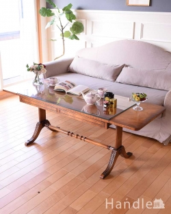 アンティーク家具 アンティークのテーブル 伸張式のローテーブル、ガラス天板のバタフライコーヒーテーブル