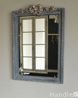 インテリア雑貨 鏡おしゃれ フレンチアンティーク調のおしゃれな鏡、リボン付きのウォールミラー（レクタングル型・Ｍ）