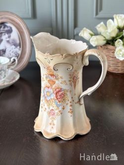 アンティーク雑貨 フラワーベース・花瓶アンティーク クリーム色の素地が美しい手描きのジャグ、英国クラウンデボンのアンティークVellum ware