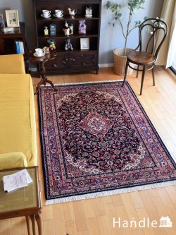 絨毯  ハマダン（Hamedan）のオールドペルシャ絨毯、深いブルー色の使いやすいサイズのカーペット