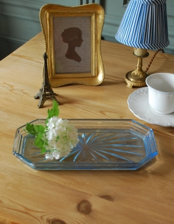 アンティーク雑貨 ケーキスタンド アンティーク ブルーのガラスプレート（アンティークトレー）プレスドグラス