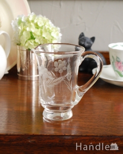 アンティーク雑貨 アンティーク花瓶 リーフ＆お花が美しいミニピッチャー（アンティークプレスドグラス）