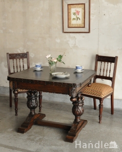 アンティーク家具 アンティークのテーブル アンティーク英国輸入家具、お花の装飾が美しいドローリーフテーブル（伸張式テーブル） 