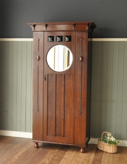 アンティーク家具 アンティークのキャビネット 丸い鏡付きのアンティーク英国家具、オーク材のホールローブ