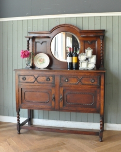 アンティーク家具 アンティークのキャビネット 英国アンティーク家具、オーク材のミラーバックサイドボード(ミラー付きチェスト)