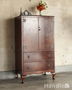 アンティーク家具 アンティークのチェスト かっこいい木目の英国家具、ウォルナット材のカップボードチェスト 