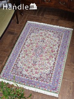 アンティーク雑貨 トライバルラグ・トルコ絨毯 グリーン色のめずらしいカーペット、お花が描かれたケルマンのペルシャ絨毯