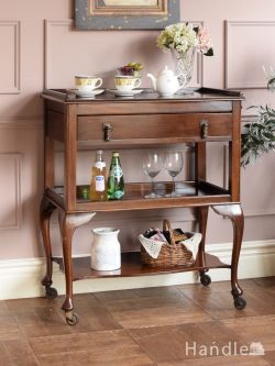 アンティーク家具 アンティークのワゴン・トローリー マホガニー材の美しい猫足アンティーク家具、引き出しが付いたトローリーワゴン