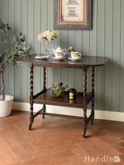 アンティーク家具 アンティークのワゴン・トローリー 伸長式の天板が便利な英国アンティークのワゴン、ツイストレッグがおしゃれなトローリー ワゴン