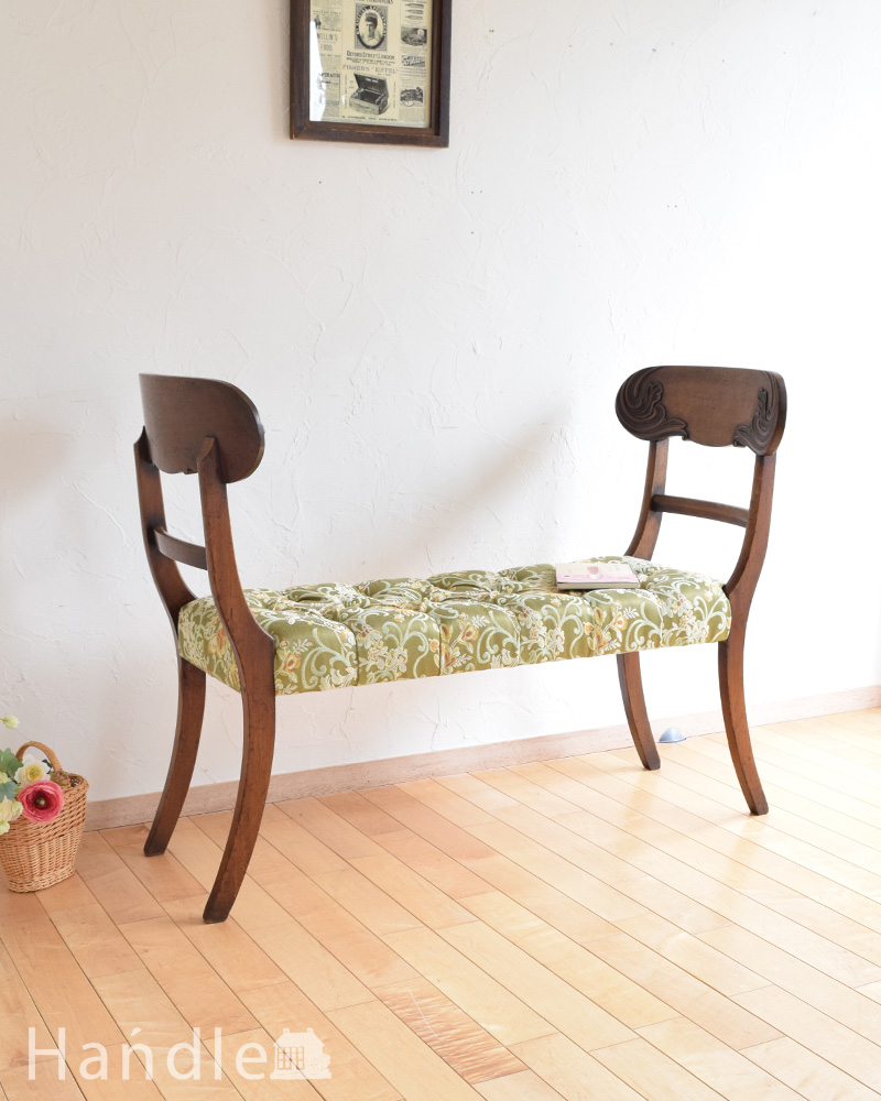 英国アンティーク家具、装飾が美しいマホガニー材のウィンドーシート（ベンチ） (m-398-c)