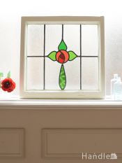 英国アンティークのステンドグラス、真っ赤な薔薇×グリーンの雫の美しいステンドグラス