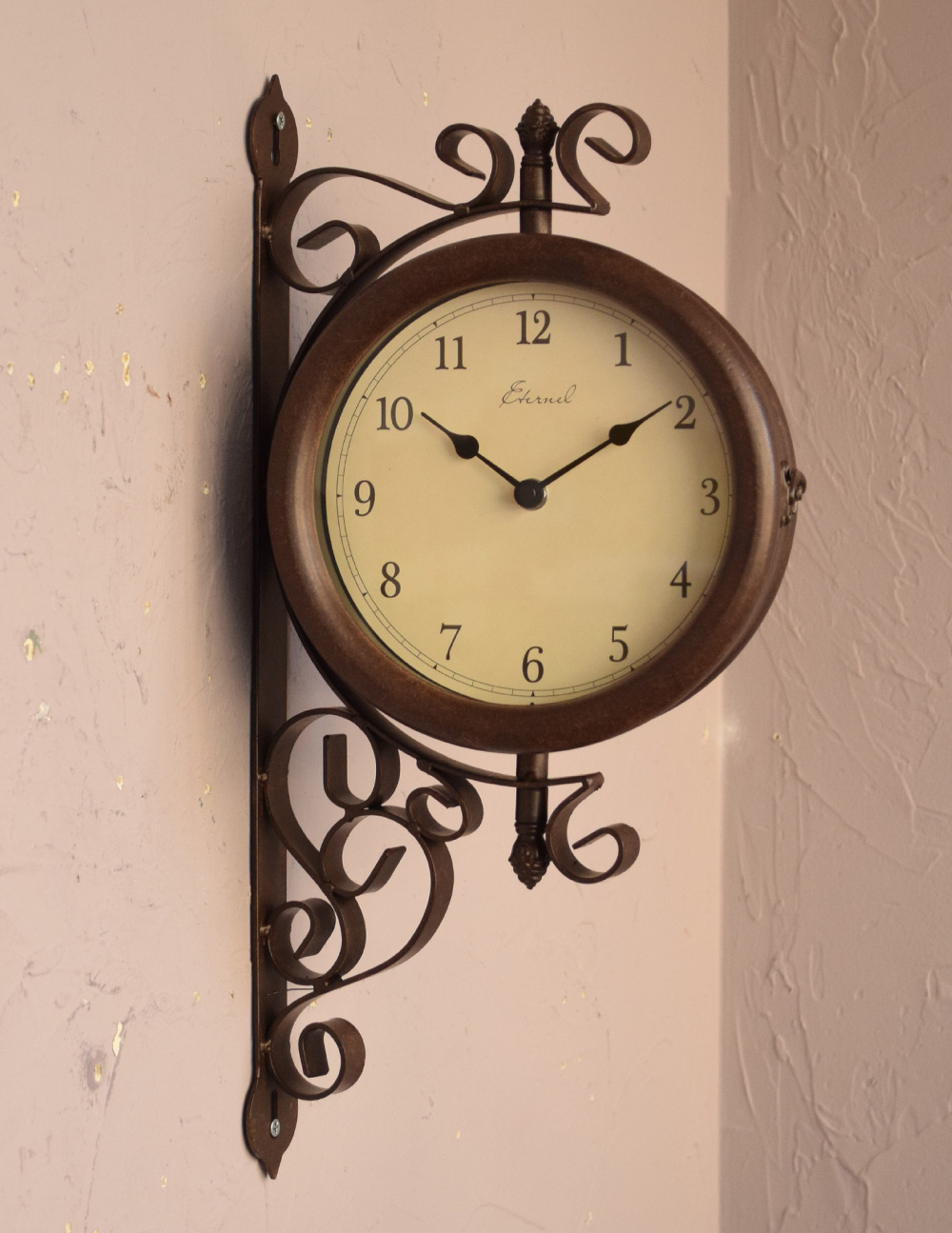 壁掛け両面時計、アンティーク風サイドクロックＢ（ブラウン）(電池なし)  (n12-202)