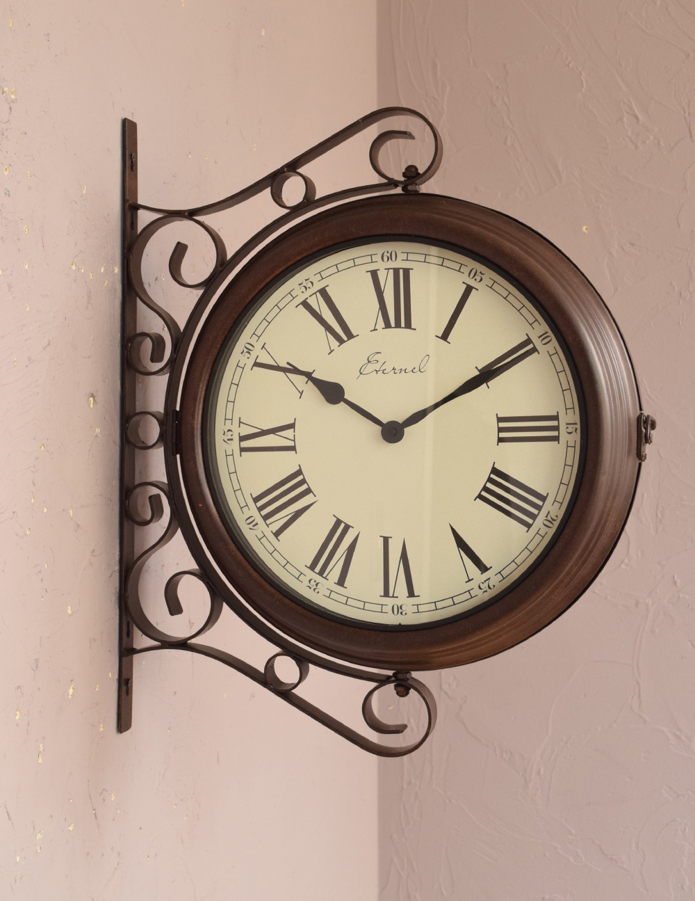 壁掛け両面時計、アンティーク風サイドクロックＣ（ブラウン ）(電池なし) (n12-203)