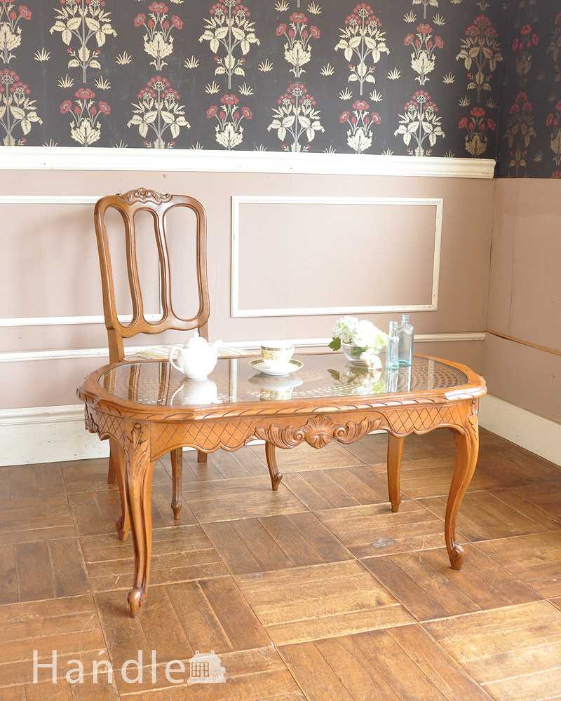 編み目&豪華な彫刻が美しいアンティークコーヒーテーブル、フランス家具 (j-2046-f)