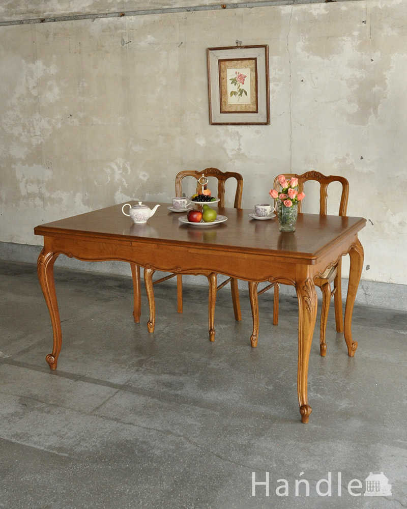 フランスのアンティーク家具、パーケット柄が美しい伸張式のドローリーフテーブル (j-2051-f)