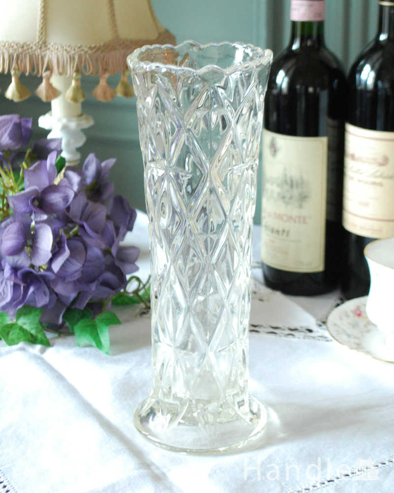 アンティークガラスのキレイなフラワーベース（花器）プレスドグラス (pg-4656)