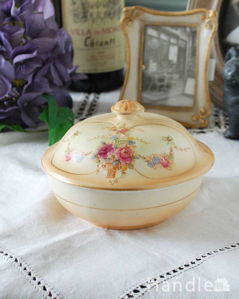 お花模様が上品なクラウンデボン、アンティークのふた付ケース(ドレッシングセット・アクセサリーボックス） (d-1574-z)