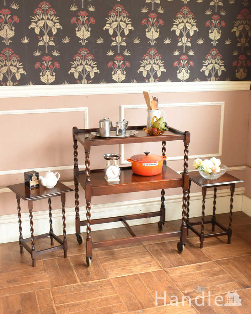 小さなテーブルがついた親子のトローリー、ツイストデザインの英国アンティーク家具 (k-1855-f)