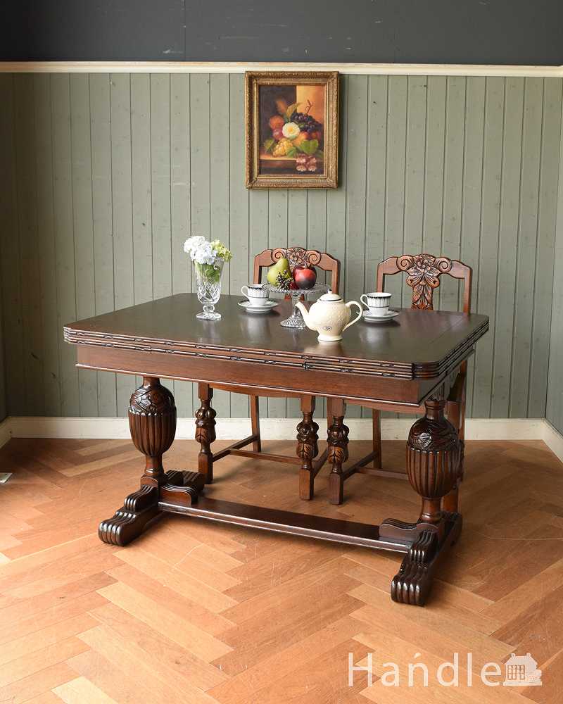 イギリスのアンティーク家具、バルボスレッグが素敵なドローリーフテーブル（ダイニングテーブル） (q-1210-f)