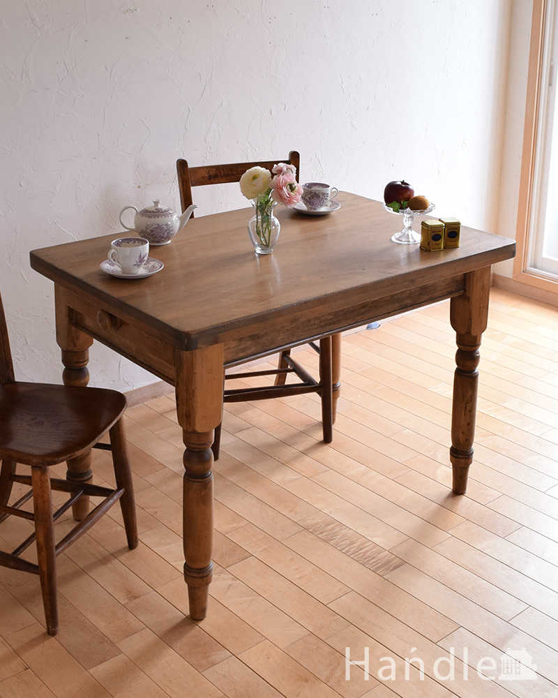 パイン材のアンティーク家具、引き出し付きダイニングテーブル(k-1831