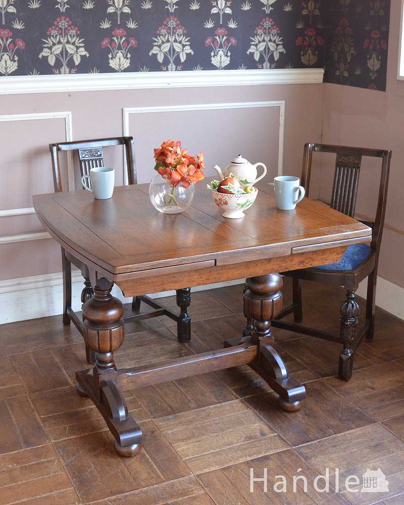 英国のアンティーク家具、バルボスレッグが素敵なドローリーフテーブル（ダイニングテーブル） (q-1250-f)