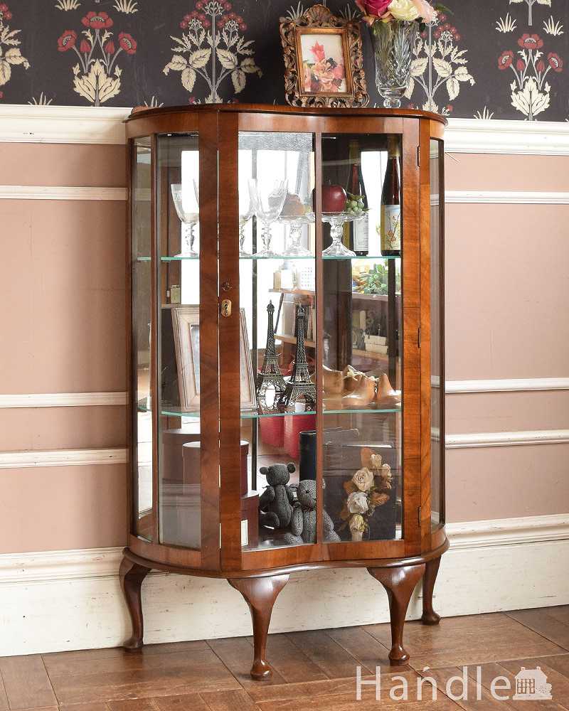 英国のクラシックなアンティーク家具、ミラーがキラキラ輝くガラスキャビネット（飾り棚）  (q-1358-f)