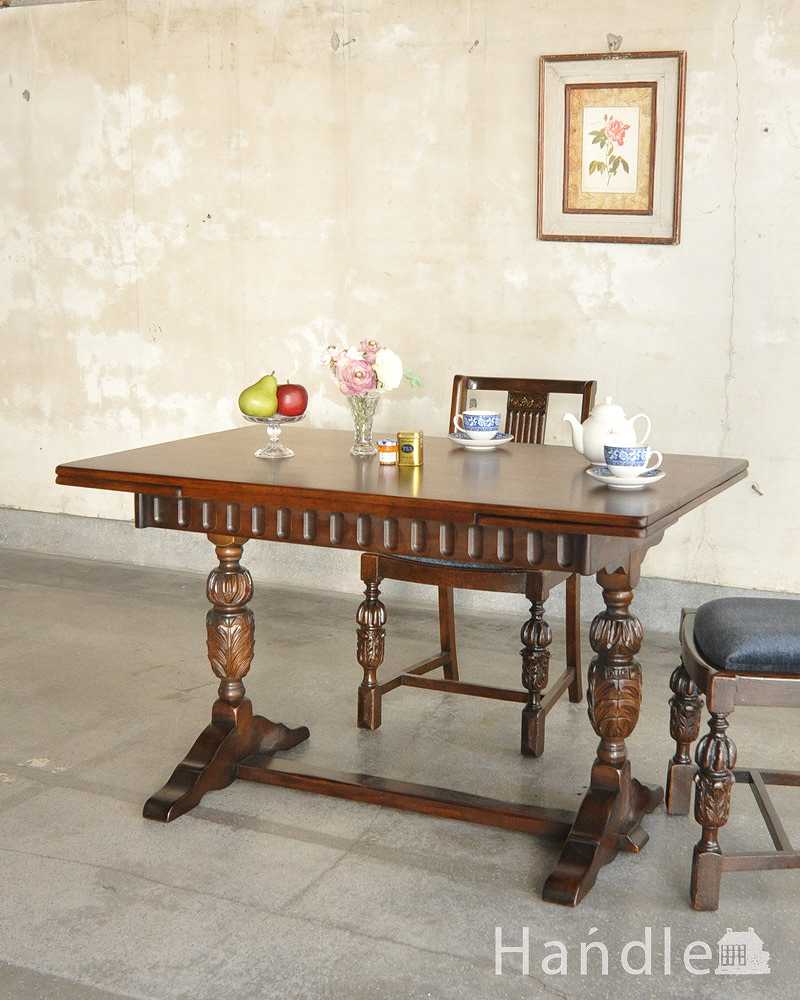 アンティーク英国輸入家具、装飾が美しいドローリーフテーブル(伸張式テーブル) (q-1252-f)