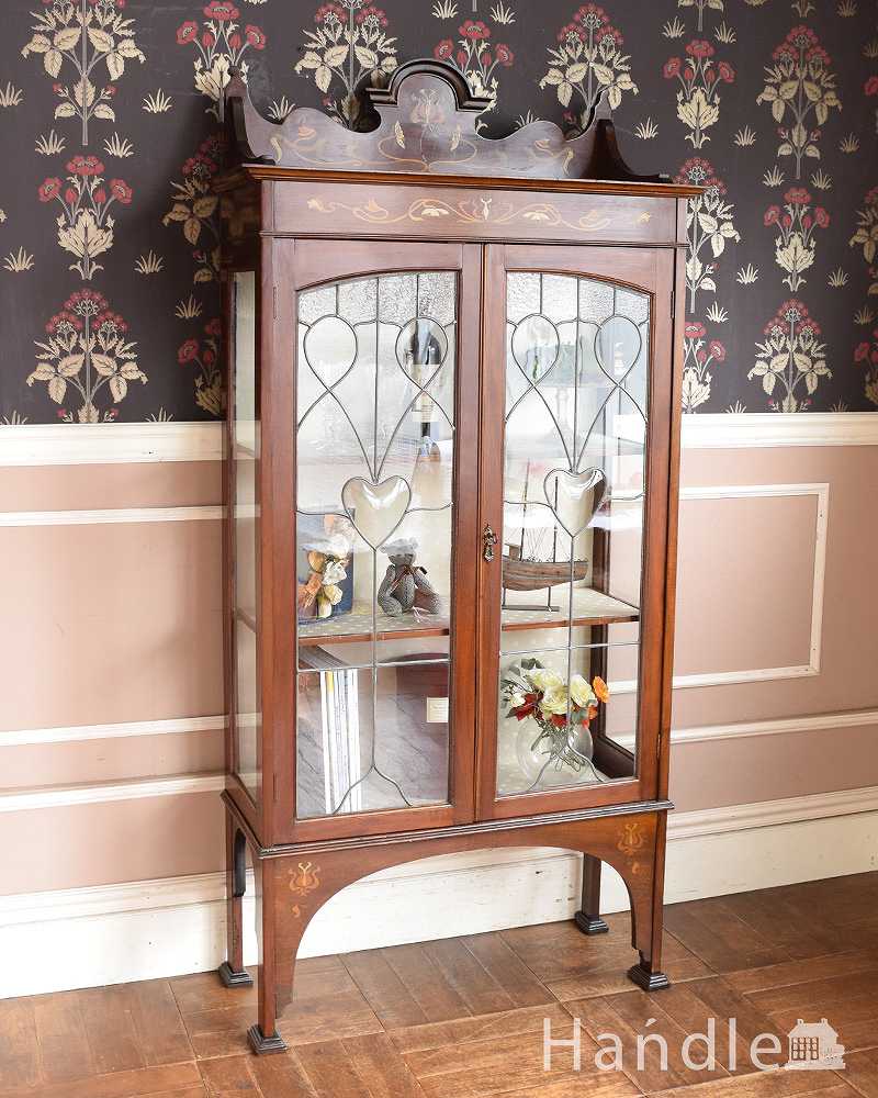 象嵌入りの高級感溢れるガラスキャビネット（飾り棚） 、アンティークの英国家具 (j-1644-f-1)