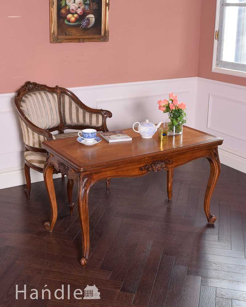 フランス輸入の美しいアンティーク家具、ドローリーフテーブル（伸張式コーヒーテーブル） (j-2166-f)