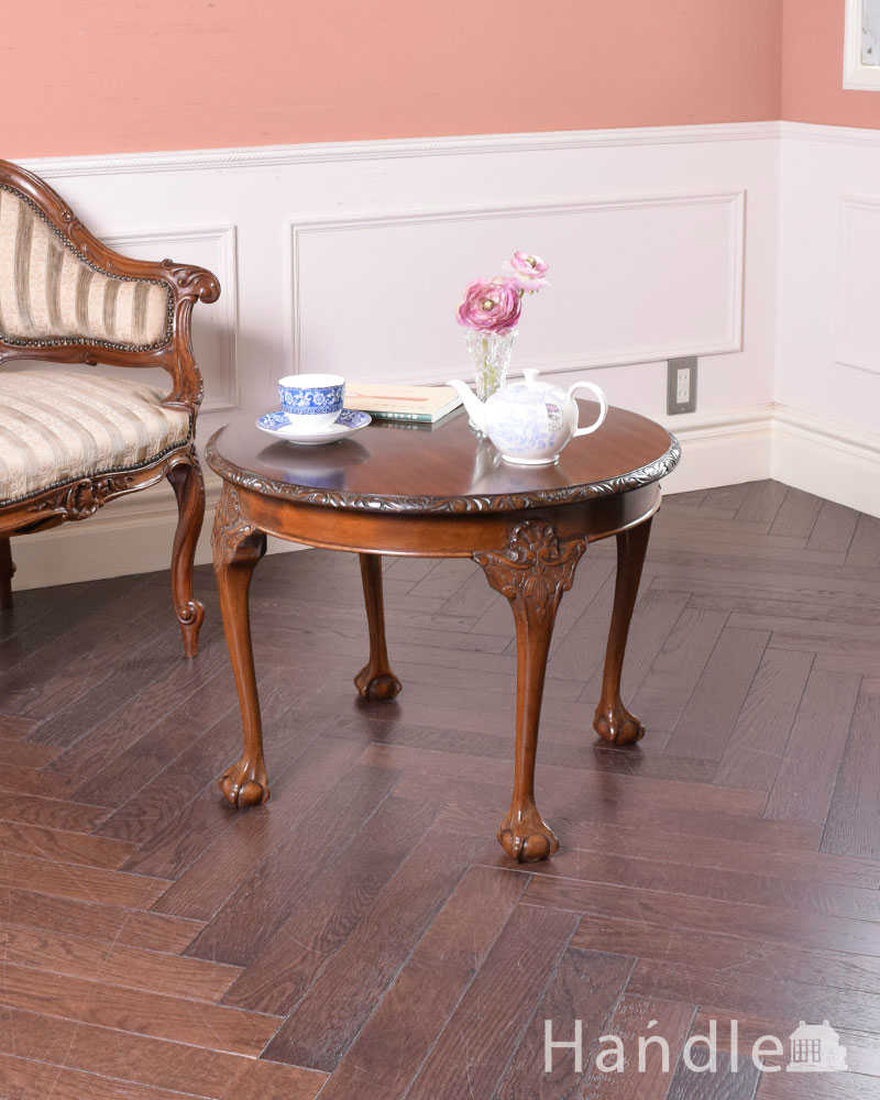 イギリスのアンティーク家具、脚の装飾の美しいコーヒーテーブル (マホガニー材) (k-1926-f)