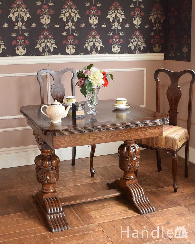 アンティーク英国家具、重厚な脚の装飾が美しいドローリーフテーブル（伸張式テーブル）  (q-1396-f)