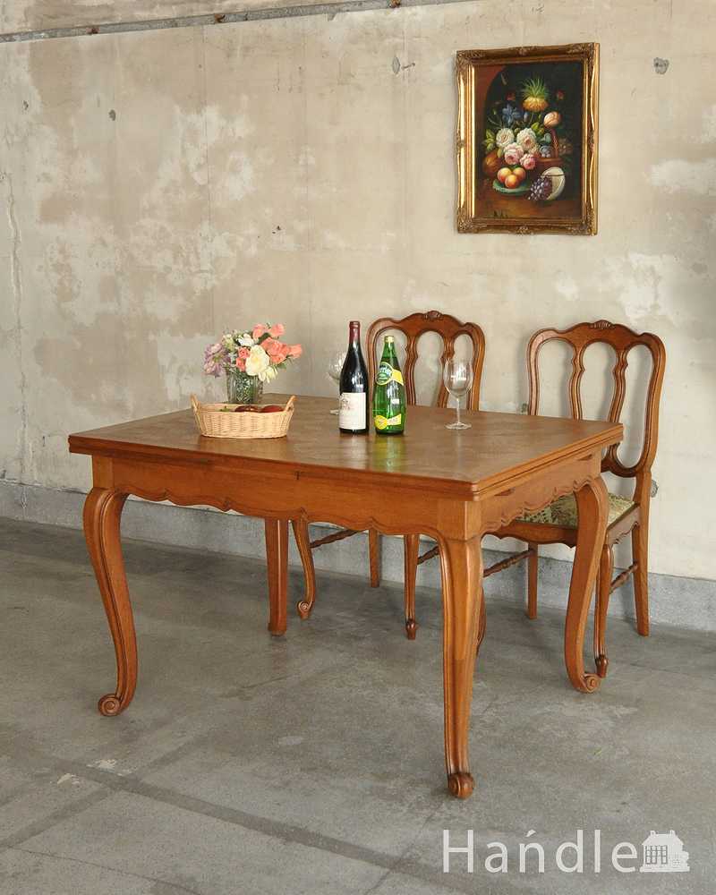 パーケット柄が美しいアンティークのダイニングテーブル(フランスのドローリーフテーブル) (j-2171-f)