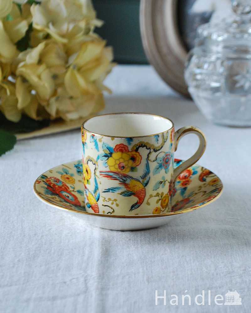 鮮やかに描かれた鳥とお花が美しいアンティークカップ＆ソーサー (k-2716-z)