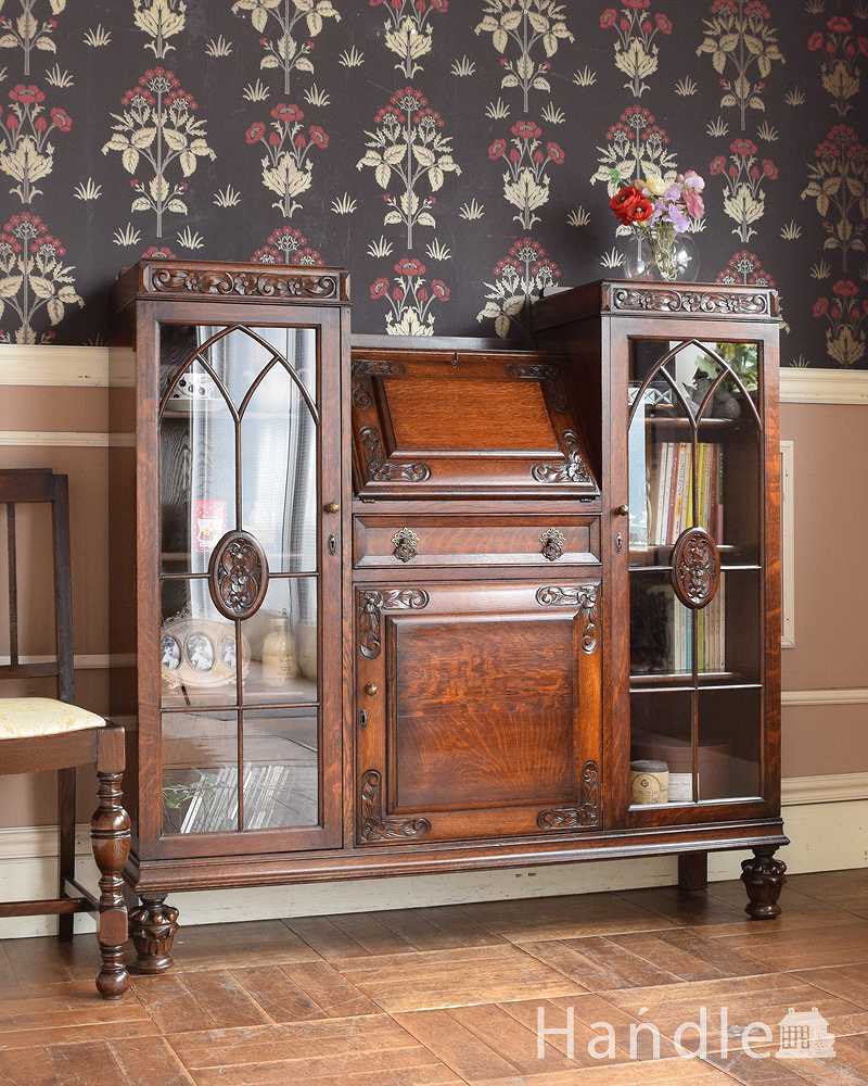 本棚とビューローがセットになったサイドバイサイド、英国のアンティーク家具 (q-1470-f)