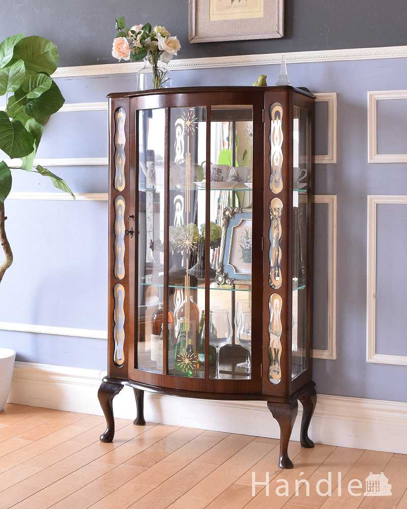 英国のクラシックなアンティーク家具、ミラーがキラキラ輝くガラスキャビネット（飾り棚） (q-1479-f)