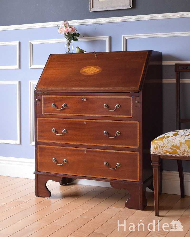 マホガニー材のアンティーク英国輸入家具、美しい木目のライティングビューローデスク