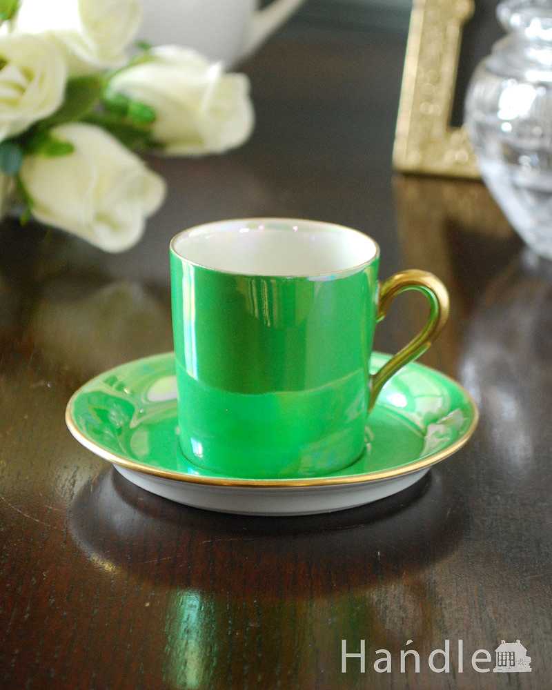 グリーン×金彩のアンティークコーヒーカップ＆ソーサー（カールトンウェア） (m-2444-z)